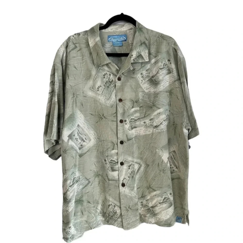 Bermuda Bay Men's Vintage Green Tropical 100% Silk Button Down Shirt Sz XXL GUC